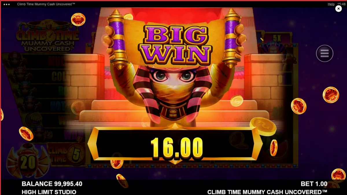 Tampilan visual slot Climb Time Mummy Cash Uncovered dengan latar belakang malam Mesir yang megah