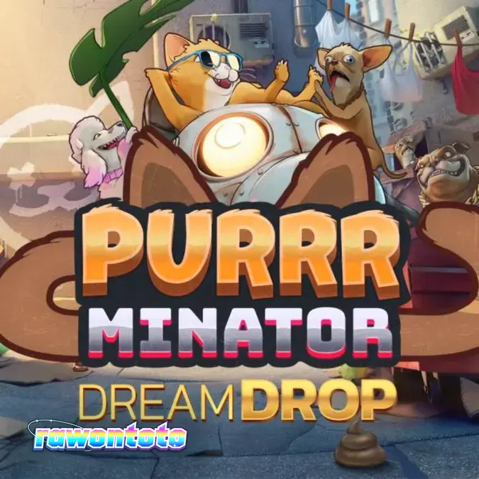 Tampilan layar permainan slot Purrrminator Dream Drop dengan latar belakang kota cyberpunk.